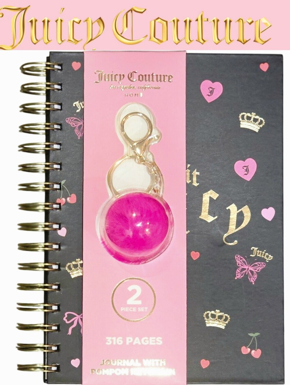 Juicy Couture Home Keep It Juicy Logo Spiral Journal &PomPom Keychain